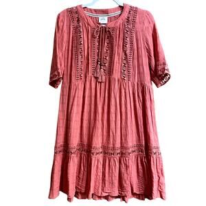 Knox Rose Women's Tiered Dress Medium 100% Cotton Coral Pink Quarter Sleeve